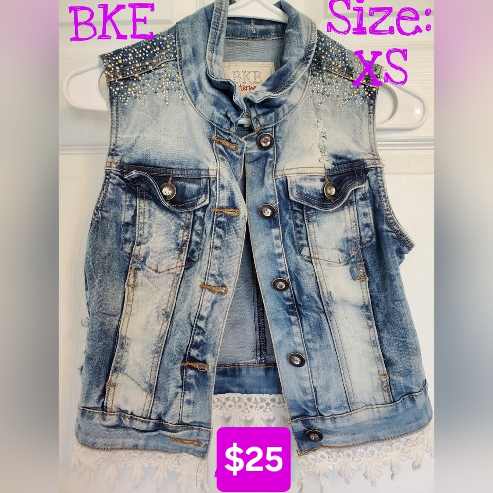 BKE Studded Blue Denim Bling Vest - XS